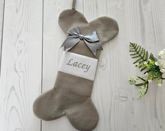 LUXURY EMBROIDERED Grey Christmas Stocking,Embroidered Stocking for Dog or Cat, Pet Christmas Stocking