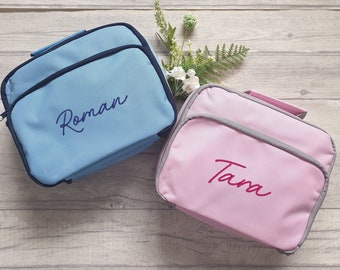 Embroidered Personalised Kids Lunch Bag, Insulated Lunch Box for Kids, Blue or Pink, Custom Lunch Cooler Bag