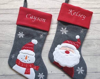 Personalised Deluxe Plush Grey Christmas Stocking, Snowman, Santa Luxury Stocking