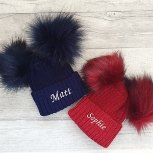 Personalised Baby/Toddler Double PomPom Knitted Hat, Navy Blue or Red, Baby Girl or Boy Hat