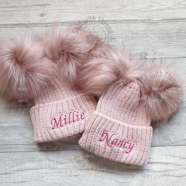 Personalised Baby/Toddler Double PomPom Knitted Hat, Rose Gold, Pink Baby Girl Hat