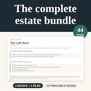 May include: A digital document titled The complete estate bundle with 44 pages. The page shown is titled The call sheet and includes instructions for phone calls, including scripts for starting and ending calls, with a 2 books and 3 files label.