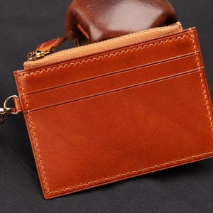 Credit Card Cases Handmade Leather Buttero, Color Cognac. Zipper CardHolder Coin Pocket Brown & Gold Zip YKK. With zip pocket for coins