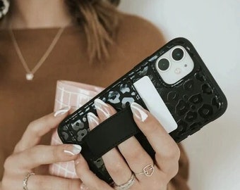 Blacked Out Leopard - Vegan Leather iPhone and Samsung Case with Card Holder, Finger Loop, Adjustable Kickstand | -Walli Cases