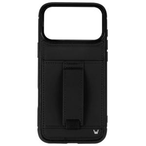 May include: A black smartphone case featuring a rectangular cutout for a camera array at the top. The back of the case includes a vertical strap attached to a flat panel, with a small white letter W logo printed in the bottom right corner.