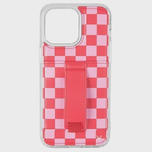 May include: A clear phone case featuring a pink and red checkered pattern on the back. The case includes a vertical red strap attached to the center, designed for holding the device. The letter W is printed in white at the bottom right corner.