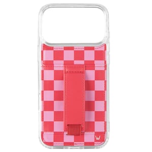 May include: A clear phone case featuring a red and light pink checkered pattern on the back. The case includes a vertical red strap attached to the center and a small white letter W printed in the bottom right corner of the checkered section.