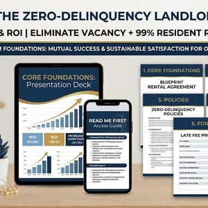 May include: The Zero-Delinquency Landlord Toolkit Volume 1 includes a presentation deck on a tablet, a Read Me First access guide on a smartphone, and printed documents titled Core Foundations, Editable Tenant Communication Forms, Policies, and Forms.