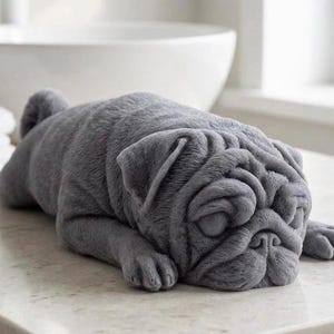 A detailed handmade vegan soap gift, sculpted in the shape of a pug dog lying flat on its stomach in a sleeping position, showing realistic skin folds and fur texture