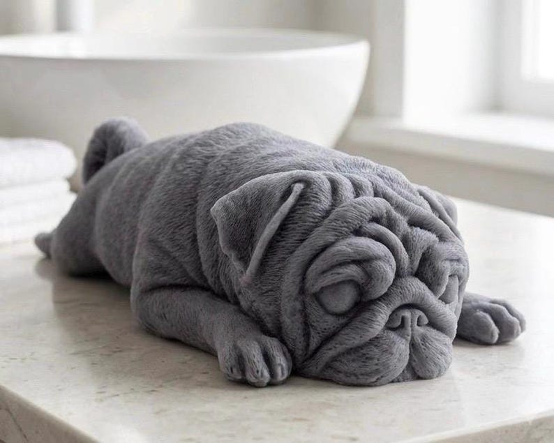 A detailed handmade vegan soap gift, sculpted in the shape of a pug dog lying flat on its stomach in a sleeping position, showing realistic skin folds and fur texture