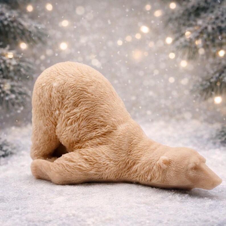 huge highly detailed polar bear shaped vegan bar soap, handmade and resting on a rustic wooden table with floral backdrop - ideal sustainable gift idea for animal lovers.