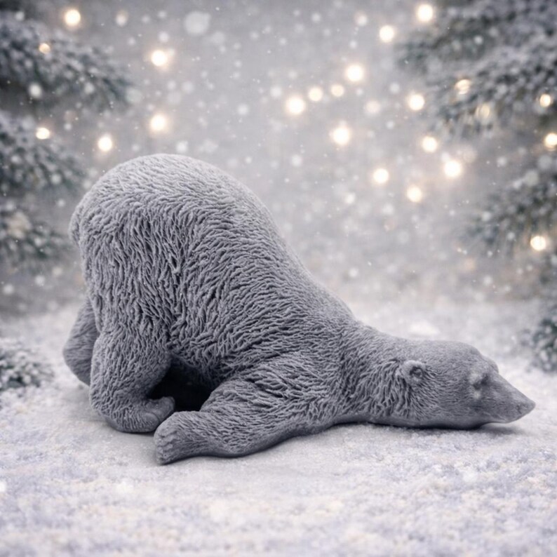 huge highly detailed polar bear shaped vegan bar soap, handmade and resting on a rustic wooden table with floral backdrop - ideal sustainable gift idea for animal lovers.