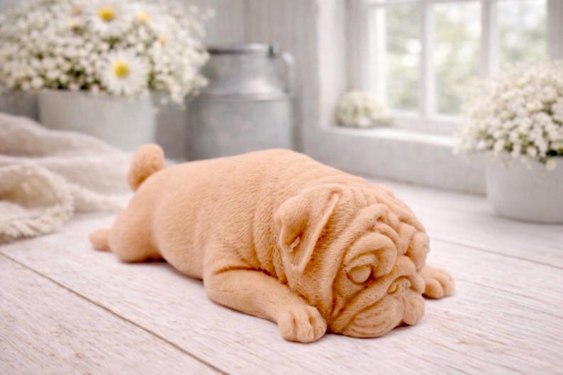 A detailed handmade vegan soap gift, sculpted in the shape of a pug dog lying flat on its stomach in a sleeping position, showing realistic skin folds and fur texture, displayed on a light wooden surface. Handmade in Blackpool
