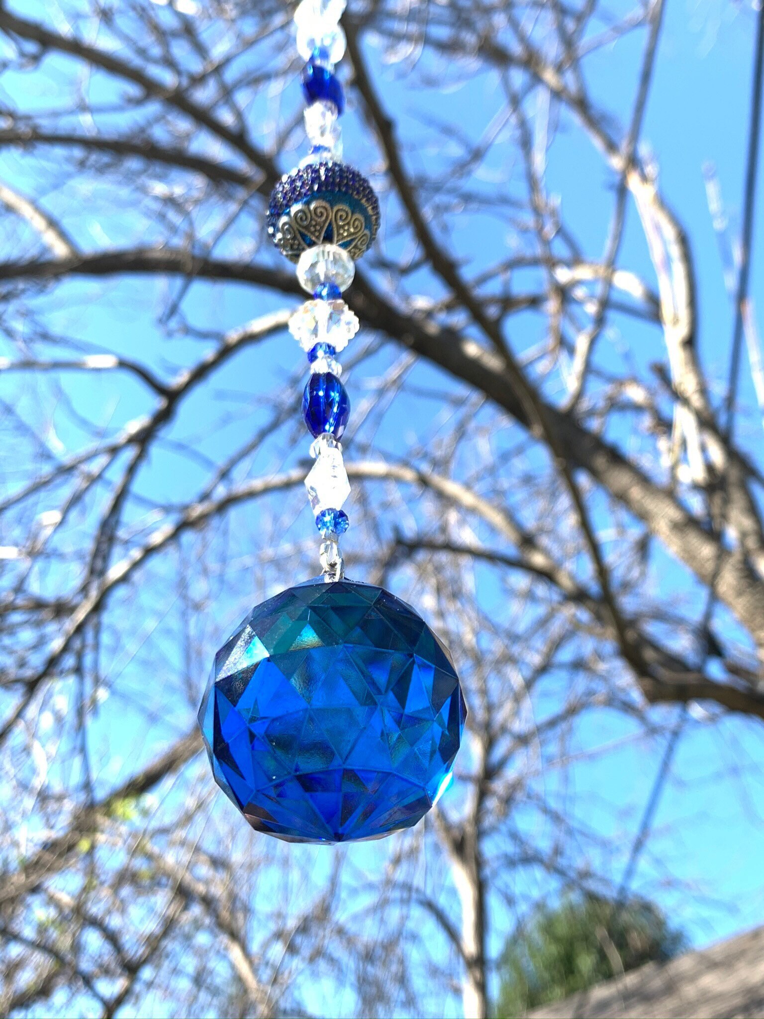 Crystal Prism Suncatcher Blue Boho Glass Beaded Window Decor Etsy