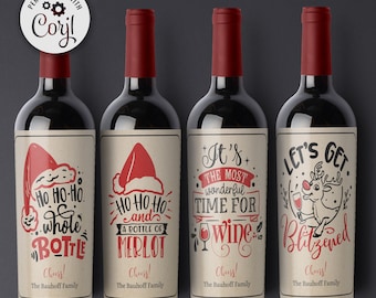 May include: Four wine bottle labels with a Christmas theme. The labels feature illustrations of Santa hats, reindeer, and wine glasses. The text on the labels includes "Ho Ho Ho whole bottle", "Ho Ho Ho and a bottle of Merlot", "It's the most wonderful time for wine", and "Let's get Blitzened".