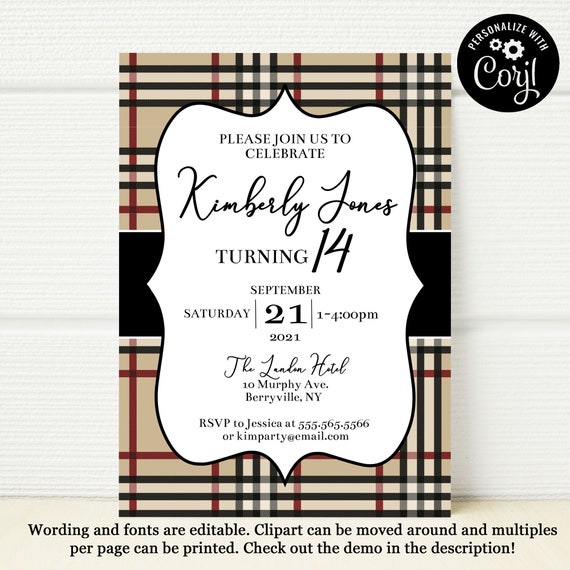 Burberry Inspired Birthday Template Burberry Invitation Etsy