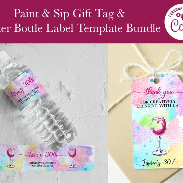 Paint and Sip Party Templates, Gift Tag Template, Water bottle Template, Paint and Sip Digital Downloads, Birthday Party Templates, Party
