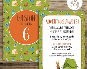 Camping Birthday Party Invitation Template, Camping Theme Birthday, Birthday Party Invitation, Outdoor Birthday, Adventure Birthday, Boy