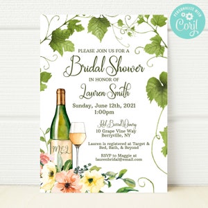Wine Bridal Shower Invitation Template, Wine Floral Bridal Shower, Wine themed, Bridal Shower Invite, White Wine, Winery Theme, Grapevines