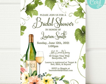 Wine Bridal Shower Invitation Template, Wine Floral Bridal Shower, Wine themed, Bridal Shower Invite, White Wine, Winery Theme, Grapevines