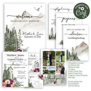 Rustic Wedding Bundle Templates, Forest Wedding Invitation, Floral Wedding, Wedding Bundle Templates, Burgundy Wedding Templates, Digital