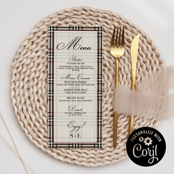 Printable Menu, Design Plaid Menu Template, Party Menu Card, Menu Digital Download, Tan Plaid Menu Card