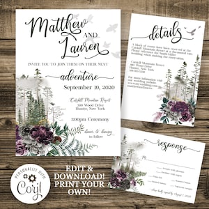 Forest Wedding Invitation Set Template, Rustic Wedding Invitation, Mountain Wedding, Trees, Invite, Natural, Wilderness, Woodland, Wedding