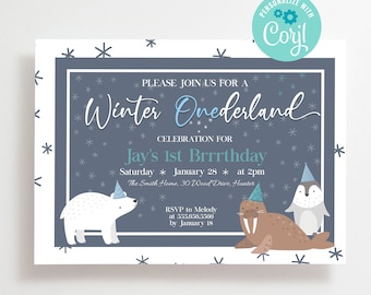 First Birthday Invitation template, 1st birthday invitation, boy 1st birthday invitation, winter birthday invitation, onederland invitation