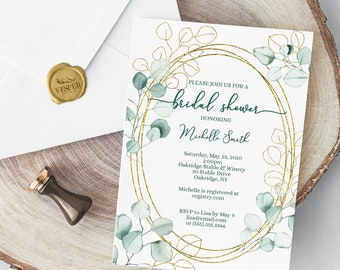 Plantilla de invitación a la despedida de soltera de eucalipto, invitación a la despedida de soltera de greenery, oro, imprimible, editable, descarga instantánea