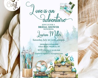 Travel Theme Bridal Shower, Bridal Shower Travel Invitation, Adventure Bridal Shower, Love is Adventure Invitation Template