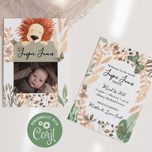 Plantilla de anuncio de nacimiento boho, anuncio de nacimiento de león, anuncio de nacimiento de la foto, anuncio neutral del nacimiento, bebé de bienvenida, anuncio