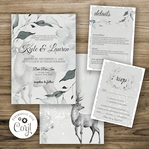 May include: A wedding invitation suite with a watercolor background featuring a deer and leaves. The invitation is for Kyle and Lauren on December 11, 2021, at 4:00 PM at the Deer Run Inn. The details card includes information about accommodations and brunch. The RSVP card has a wreath design and asks guests to RSVP by August 1st.