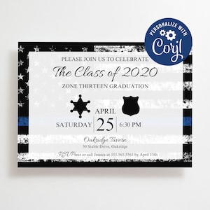 Academy Police Graduation Invitation Template, Print your own, Blue Line Flag, Police Graduation, Trooper, Sheriff, Police, Cadet, Invite