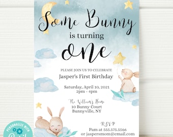 Some Bunny is Turning One Invitation Template, First Birthday Party, Bunny Birthday Party, 1st Birthday, Digital Download Invitation, boy