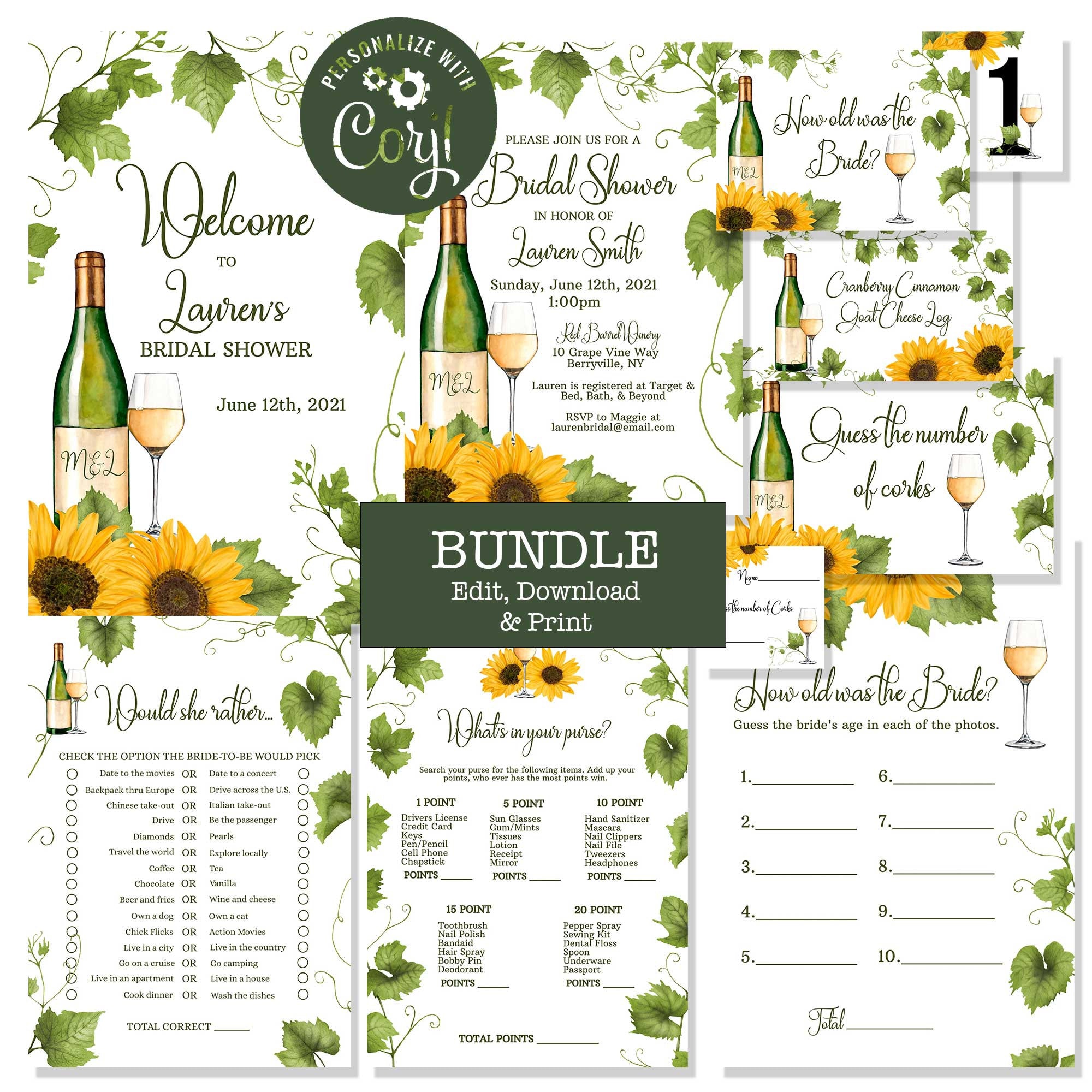 Wine Theme Bridal Shower Template Bundle Set Wine Tasting - Etsy