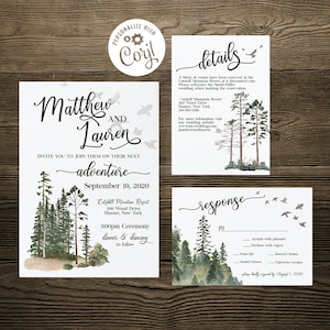 Forest Wedding Invitation Set Template, Rustic Wedding Invitation, Mountain Wedding, Trees, Invite, Natural, Wilderness, Woodland, Wedding