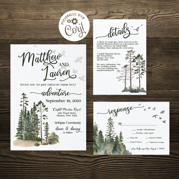 Forest Wedding Invitation Set Template, Rustic Wedding Invitation, Mountain Wedding, Trees, Invite, Natural, Wilderness, Woodland, Wedding