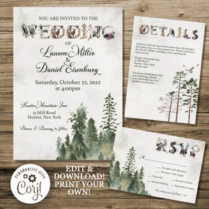 Forest Wedding Invitation Set Template, Rustic Wedding Invitation, Mountain Wedding, Trees, Invite, Natural, Wilderness, Woodland, Wedding