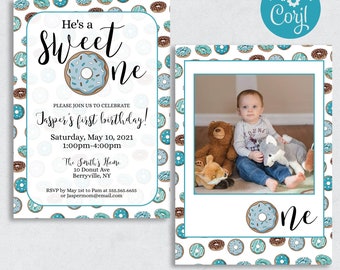 He's a Sweet One Birthday Invitation Template, First Birthday, Donut First Birthday Party, Boy Donut Birthday, Blue Donut Birthday, Invite