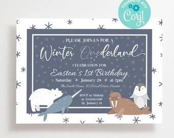 First Birthday Invitation template, 1st birthday invitation, boy 1st birthday invitation, winter birthday invitation, onederland invitation