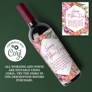 Download de modelo de rótulo de vinho para o dia das mães, download digital de rótulo de vinho, presente de vinho para o dia das mães, modelo de rótulo de vinho, rótulo de vinho instantâneo