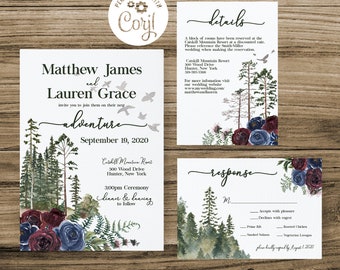 Wedding Invitation template, Forest wedding invitation, Rustic Wedding Invite, Floral Wedding Invitation, Wedding Invitation Set