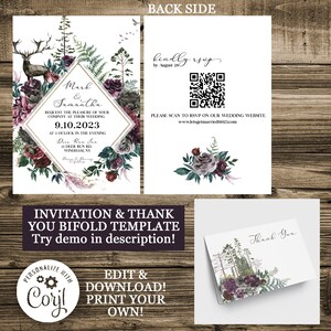 May include: A bifold wedding invitation and thank you card template with a woodland theme. The front of the invitation features a deer, ferns, and burgundy flowers. The back of the invitation has a QR code and the text "Kindly RSVP by August 25". The thank you card features a forest scene with burgundy flowers.