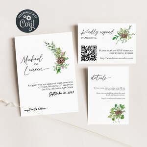 Minimal Rustic Forest Wedding Invitation Set Template Digital Download Ferns pinecones simple