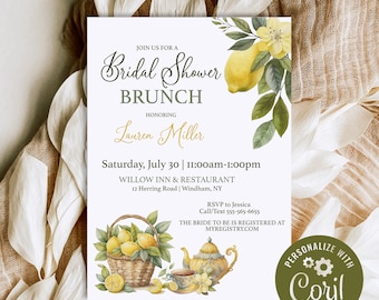 Lemon Theme Bridal Shower, Bridal Shower Brunch Invitation, Lemon Bridal Shower Invitation Template, Bridal Shower Printable