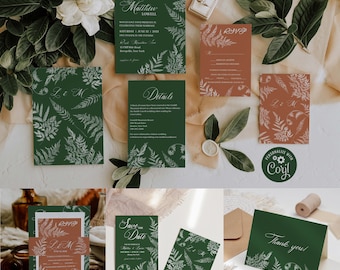 May include: A set of wedding invitations with a green and white fern pattern. The invitations include a save the date card, RSVP card, details card, and a thank you card. The text on the invitations reads "Lausen Smith & Matthew Lowell", "Save the Date", "RSVP", "Details", and "Thank you!"