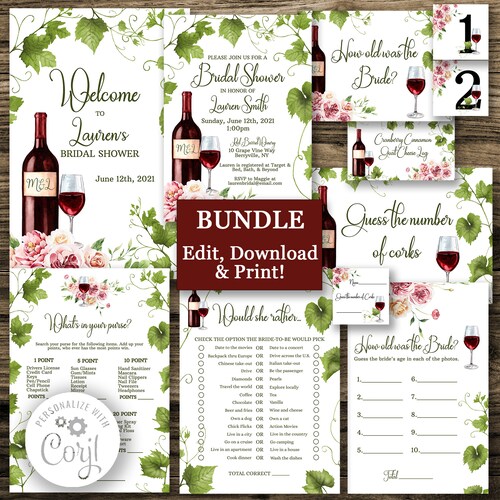 Wine Theme Bridal Shower Template Bundle Set Wine Tasting - Etsy
