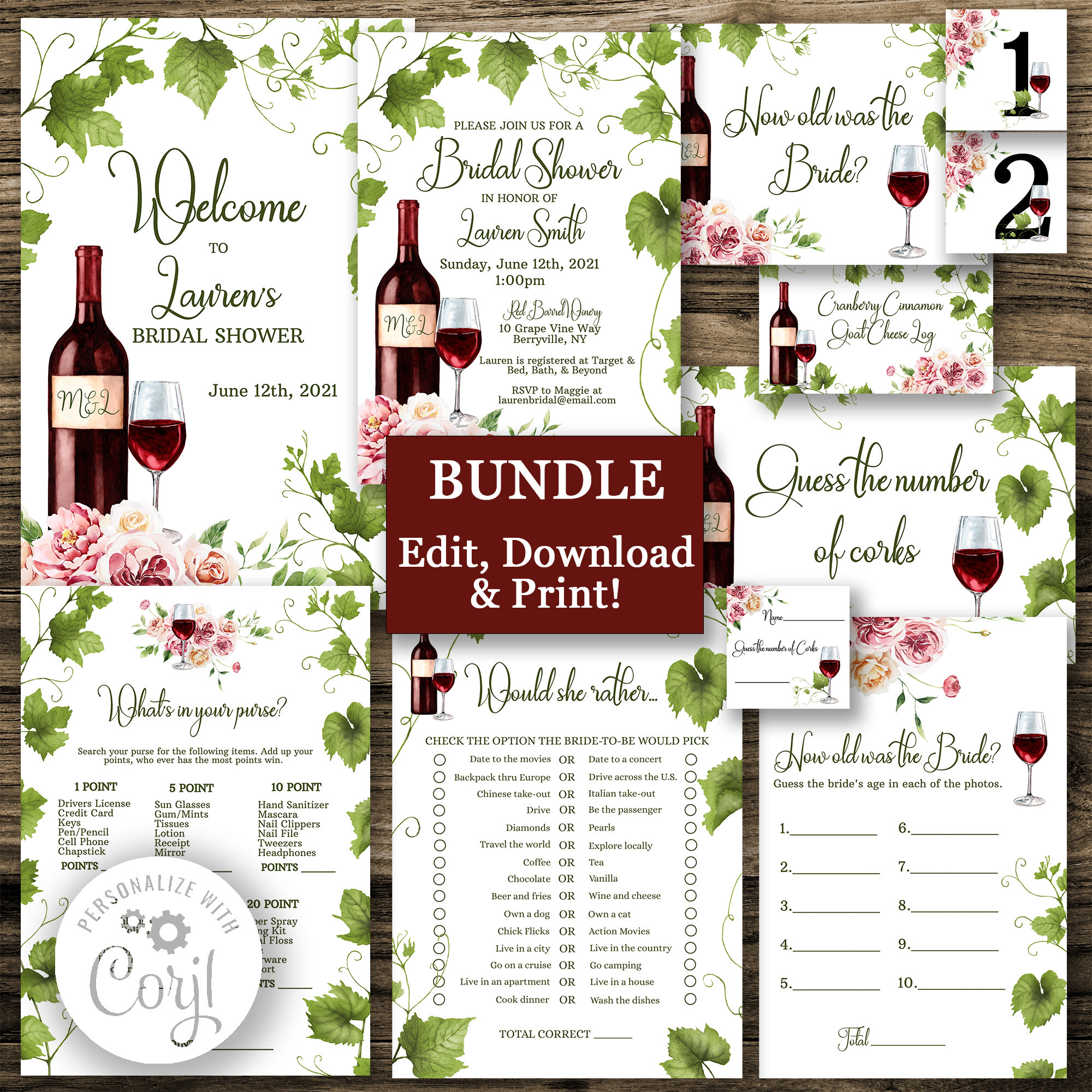 Wine Theme Bridal Shower Template Bundle Set, Wine Tasting Bridal ...