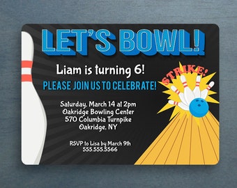 Bowling Birthday Party Invitation Template, Kid's Birthday, Bowling Party, Bowling Alley, Printable Invitation, Editable, Template, Birthday