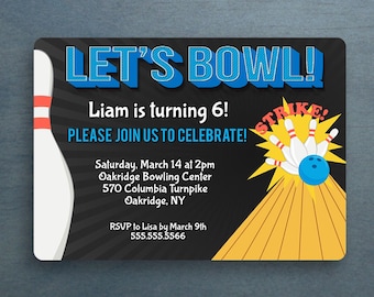 Plantilla de invitación a la fiesta de cumpleaños de bolos, cumpleaños del niño, fiesta de bolos, bolera, invitación imprimible, editable, plantilla, cumpleaños